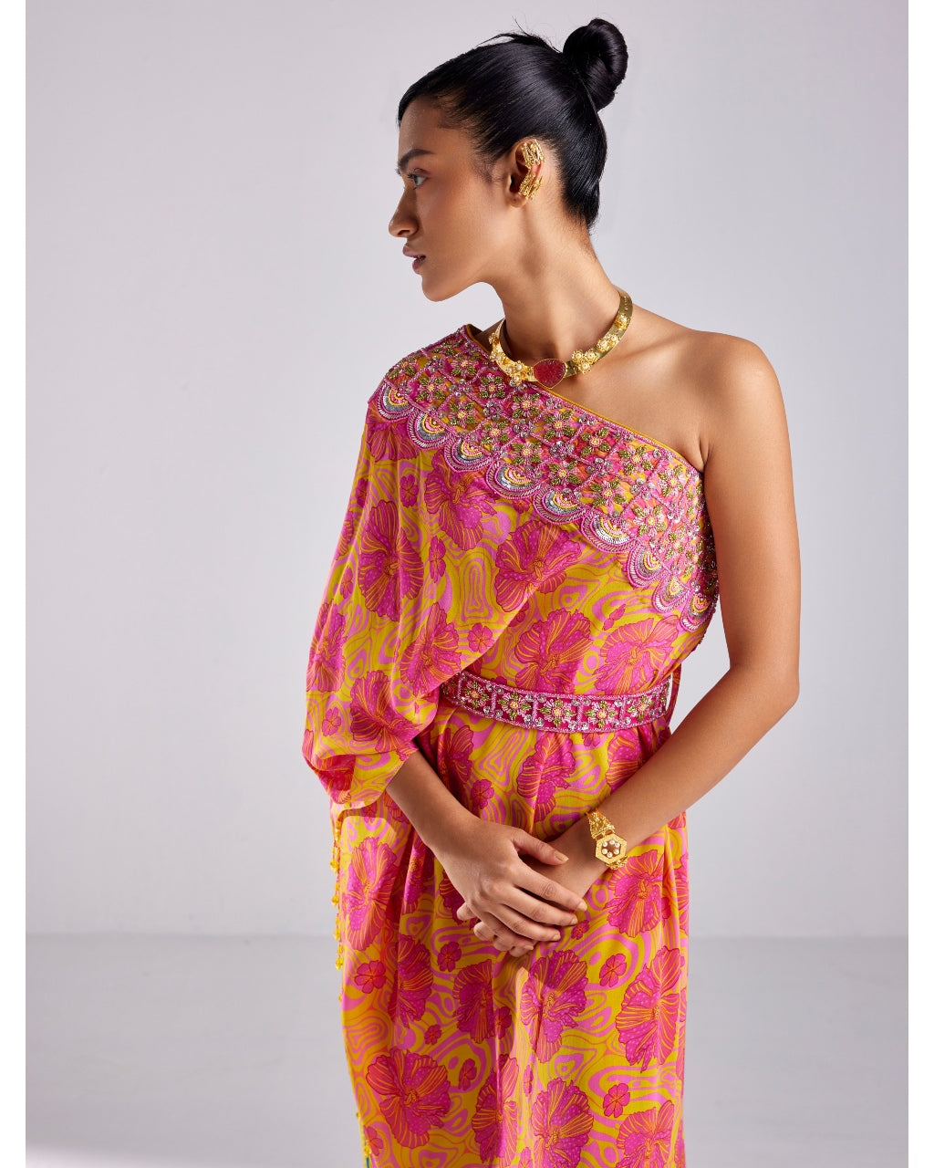 Pink Printed & Embroidered Kaftan Set