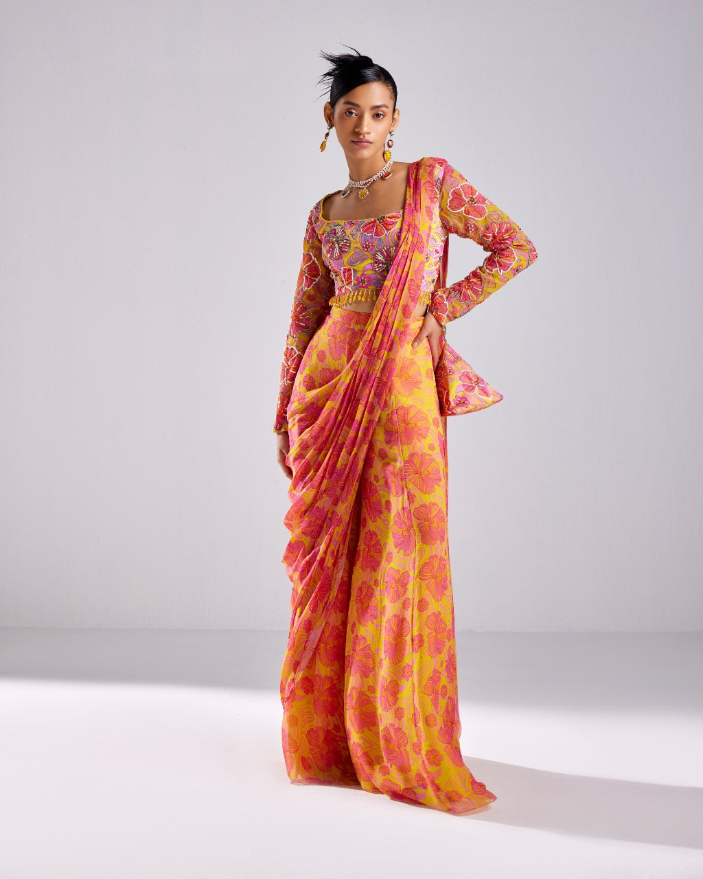 Pink Printed & Embroidered Pant Sari Set