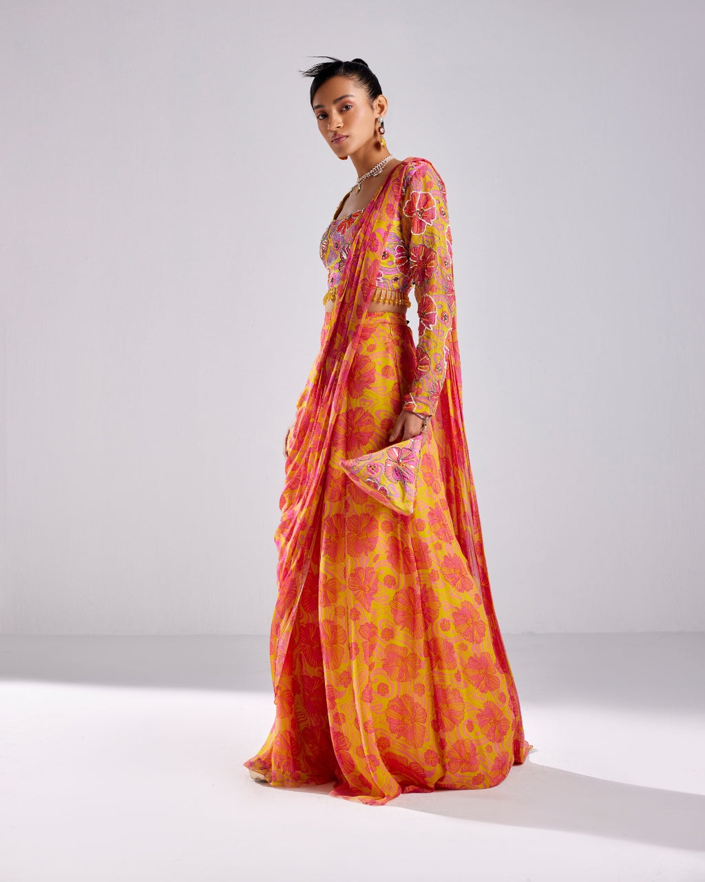Pink Printed & Embroidered Pant Sari Set