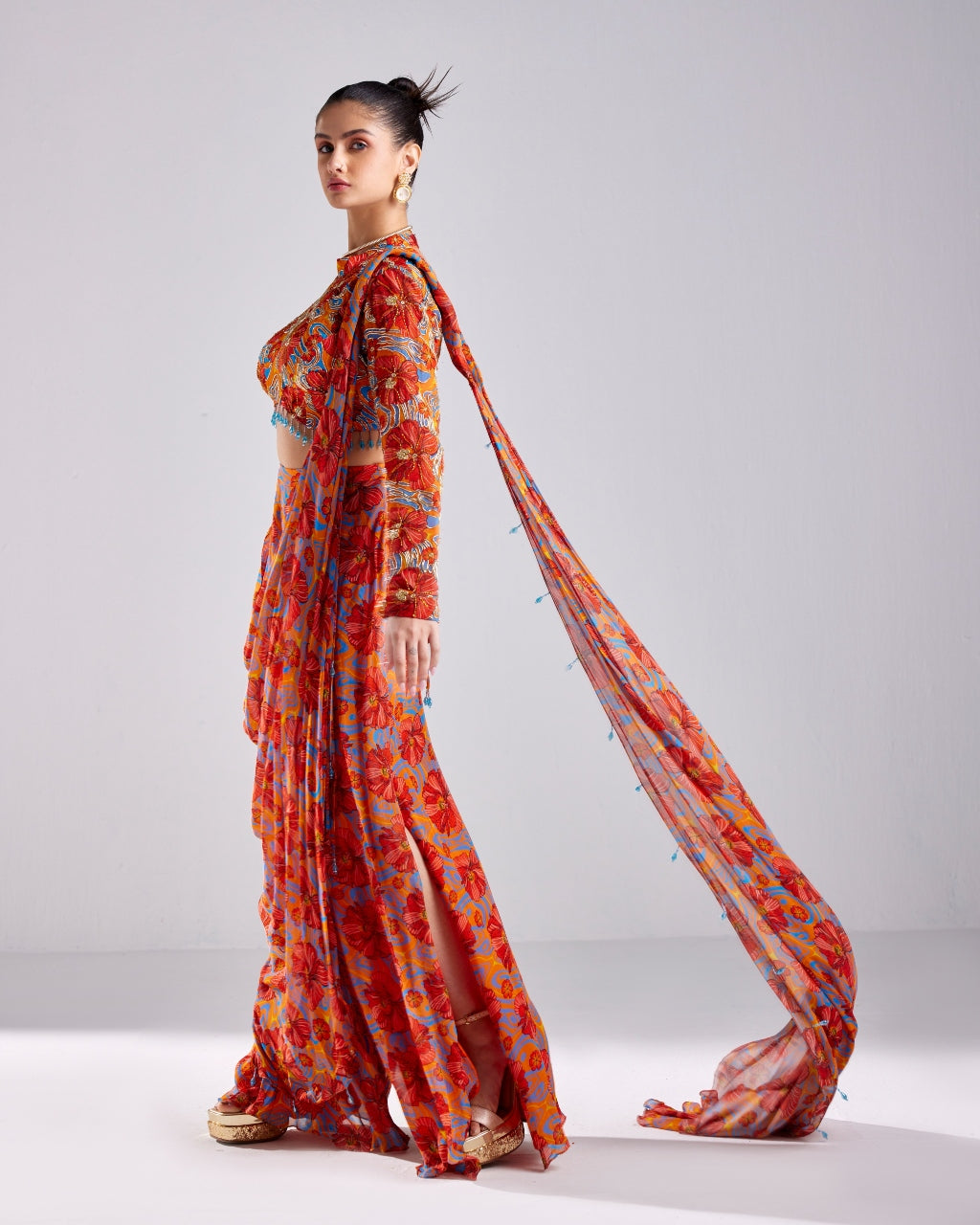 Rust Floral Wave Printed & Embroidered Sari Set