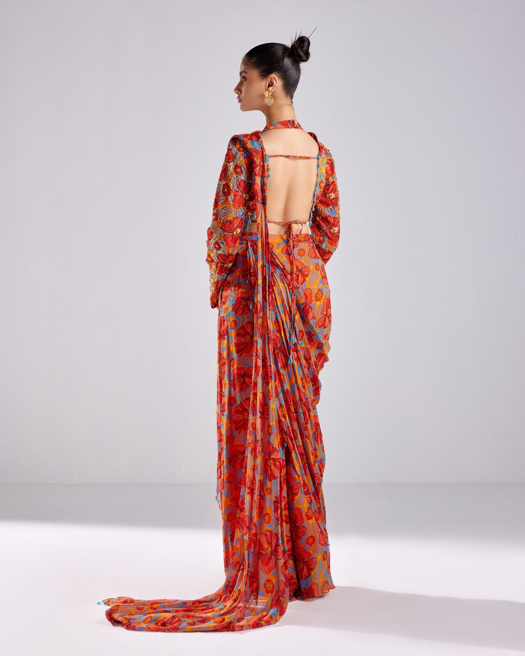 Rust Floral Wave Printed & Embroidered Sari Set