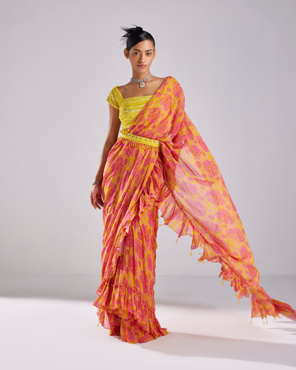 Yellow Printed & Embroidered Pre-Draped Sari Set