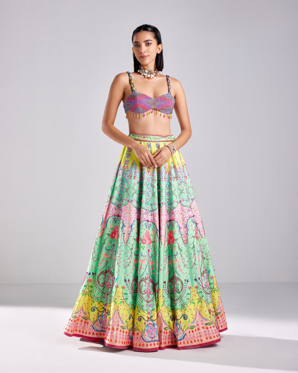 Neon Traditional Floral Print Embroidered Lehenga Set