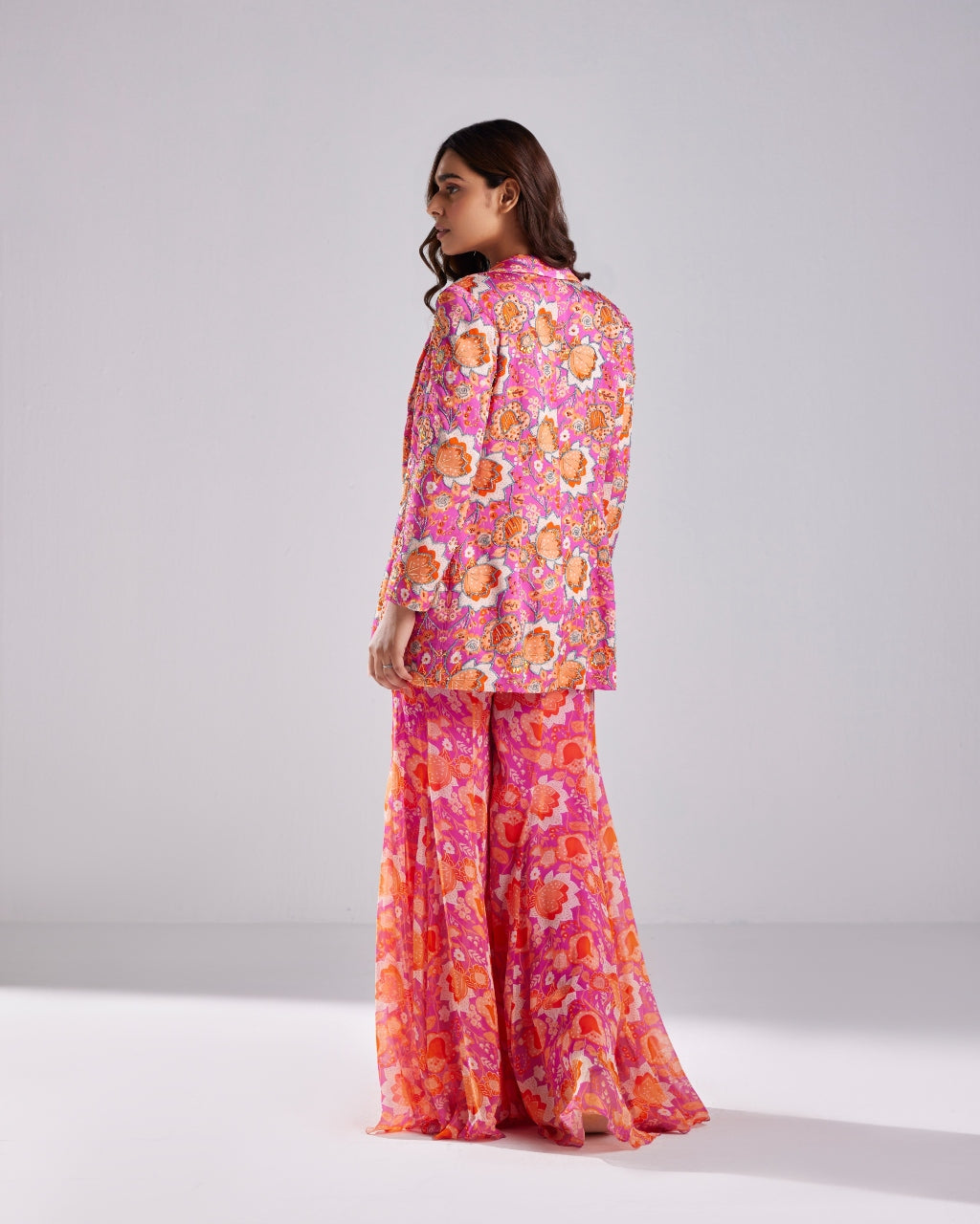 Fuchsia Pink Printed & Embroidered Blazer Set