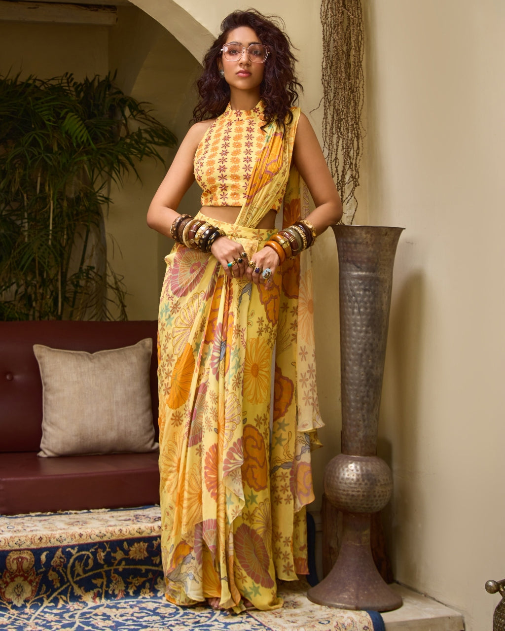 Yellow Floral Embroidery Highlight Sari Set