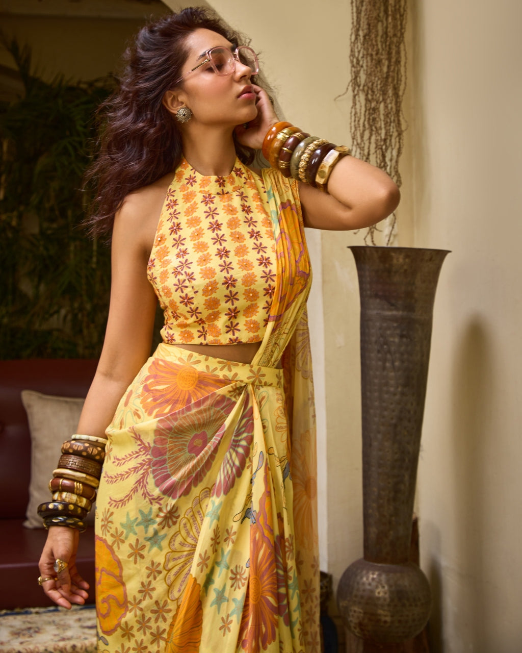 Yellow Floral Embroidery Highlight Sari Set