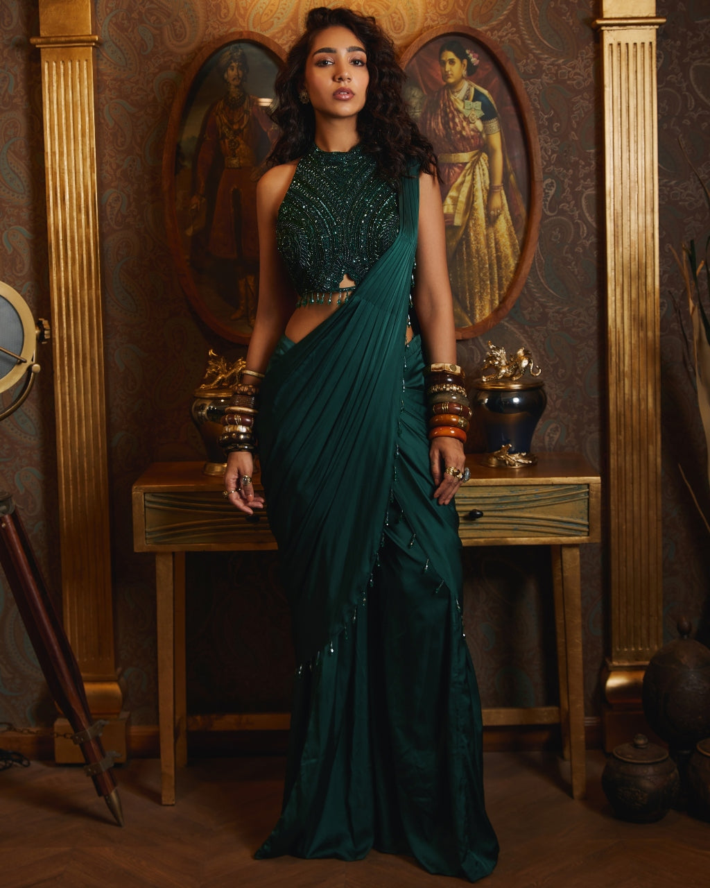 Emerald Green Sharara Pant Sari Set