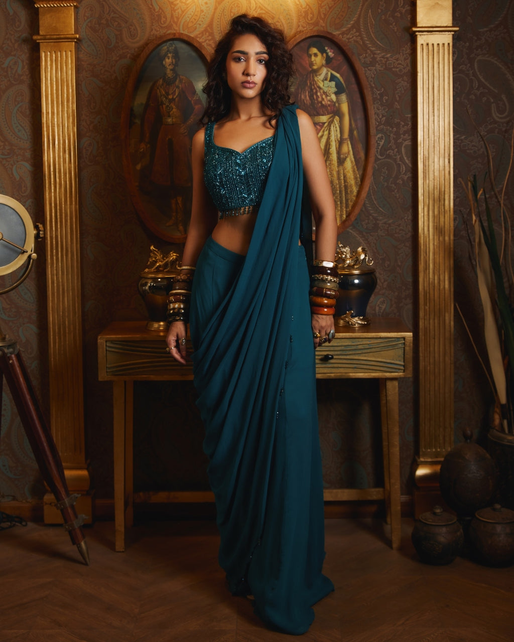 Peacock Blue Pant Sari Set