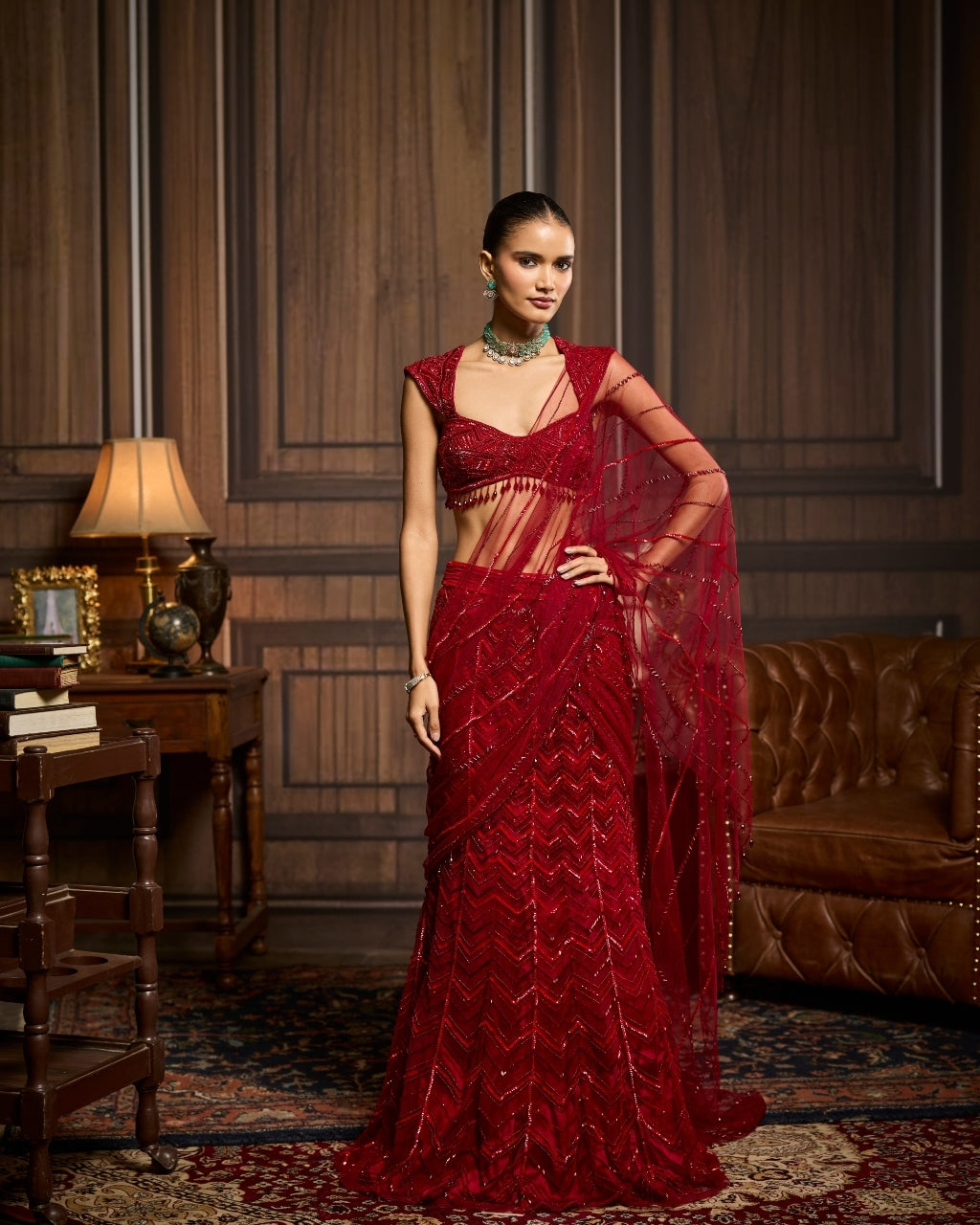 Pauline Red Embellished Draped Pre-Draped Skirt Sari Set