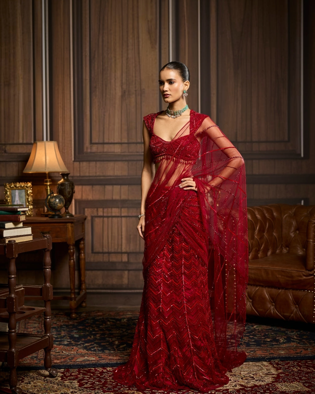 Pauline Red Embellished Draped Pre-Draped Skirt Sari Set