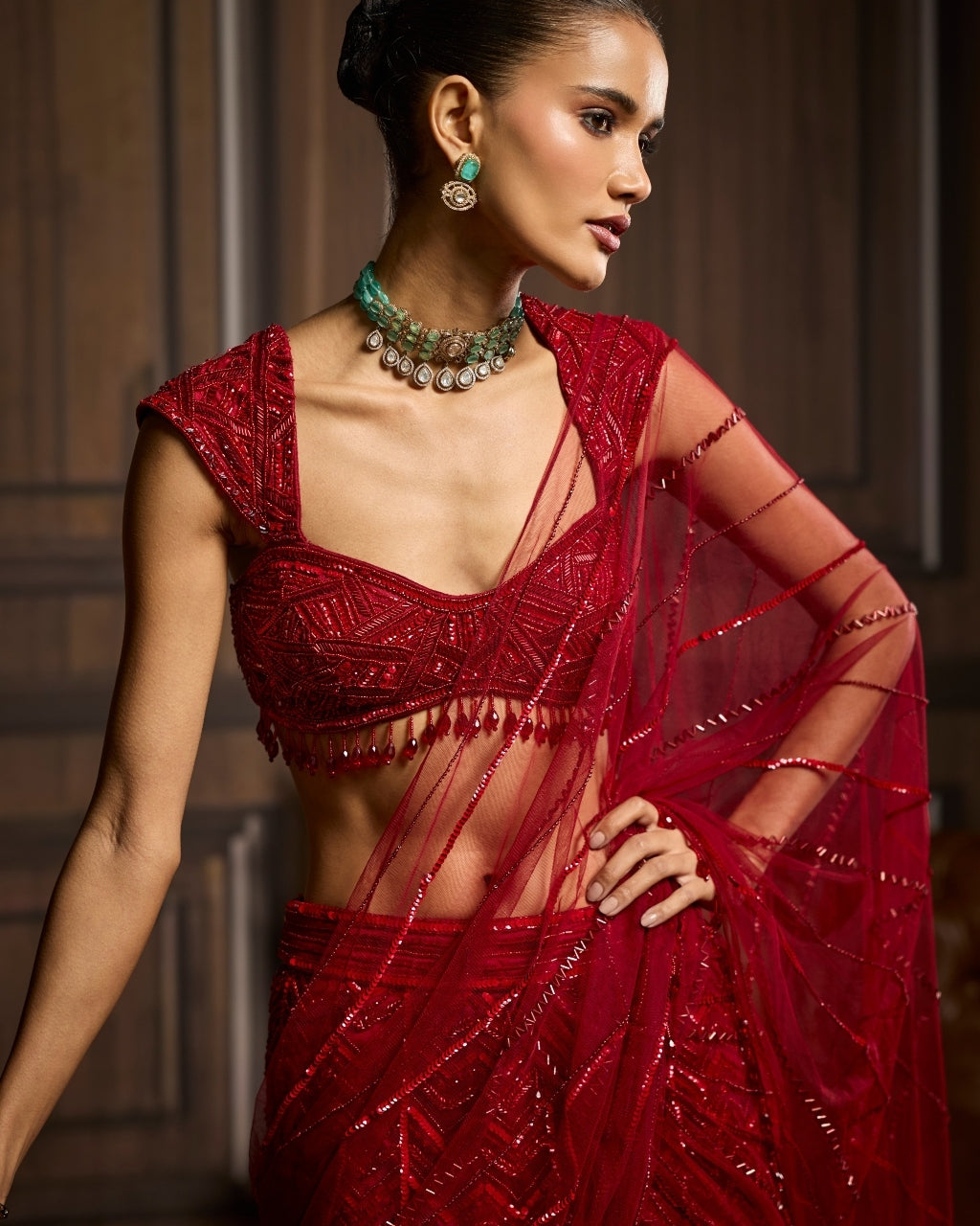Pauline Red Embellished Draped Pre-Draped Skirt Sari Set