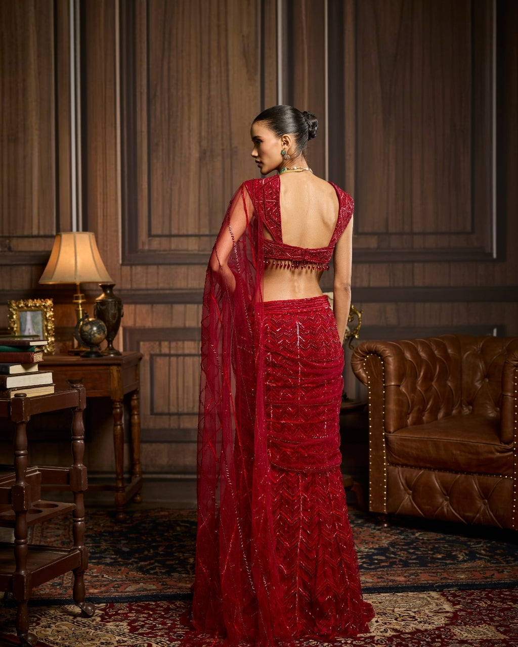 Pauline Red Embellished Draped Pre-Draped Skirt Sari Set