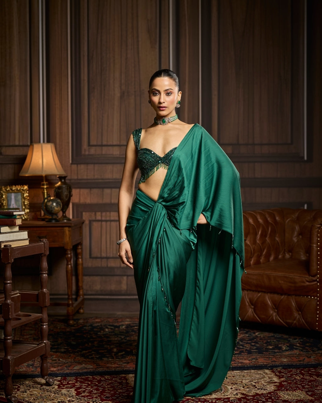Edith Emerald Green Embellished Blouse And Pre-Draped Dhoti Sari Set