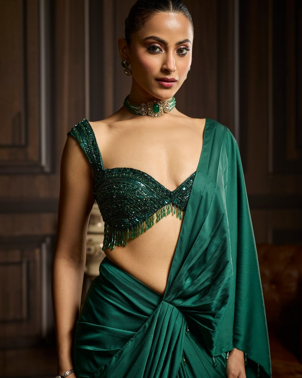 Edith Emerald Green Embellished Blouse And Pre-Draped Dhoti Sari Set