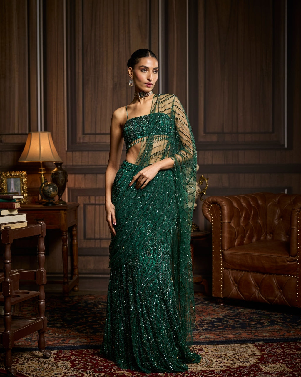 Kliene Emerald Green Embellished Blouse And Pre-Draped Sari Set