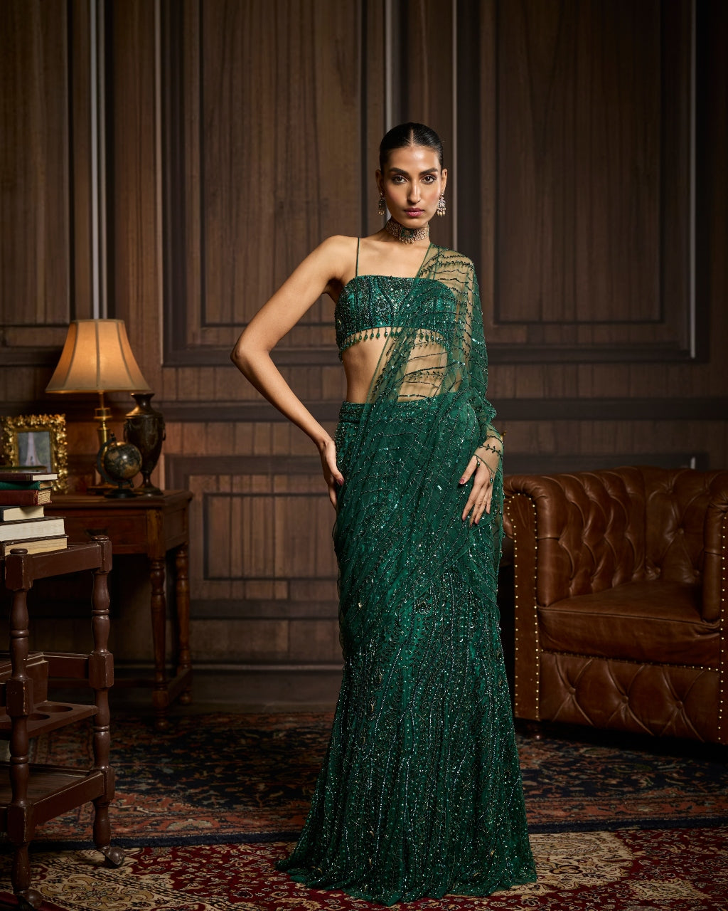 Kliene Emerald Green Embellished Blouse And Pre-Draped Sari Set