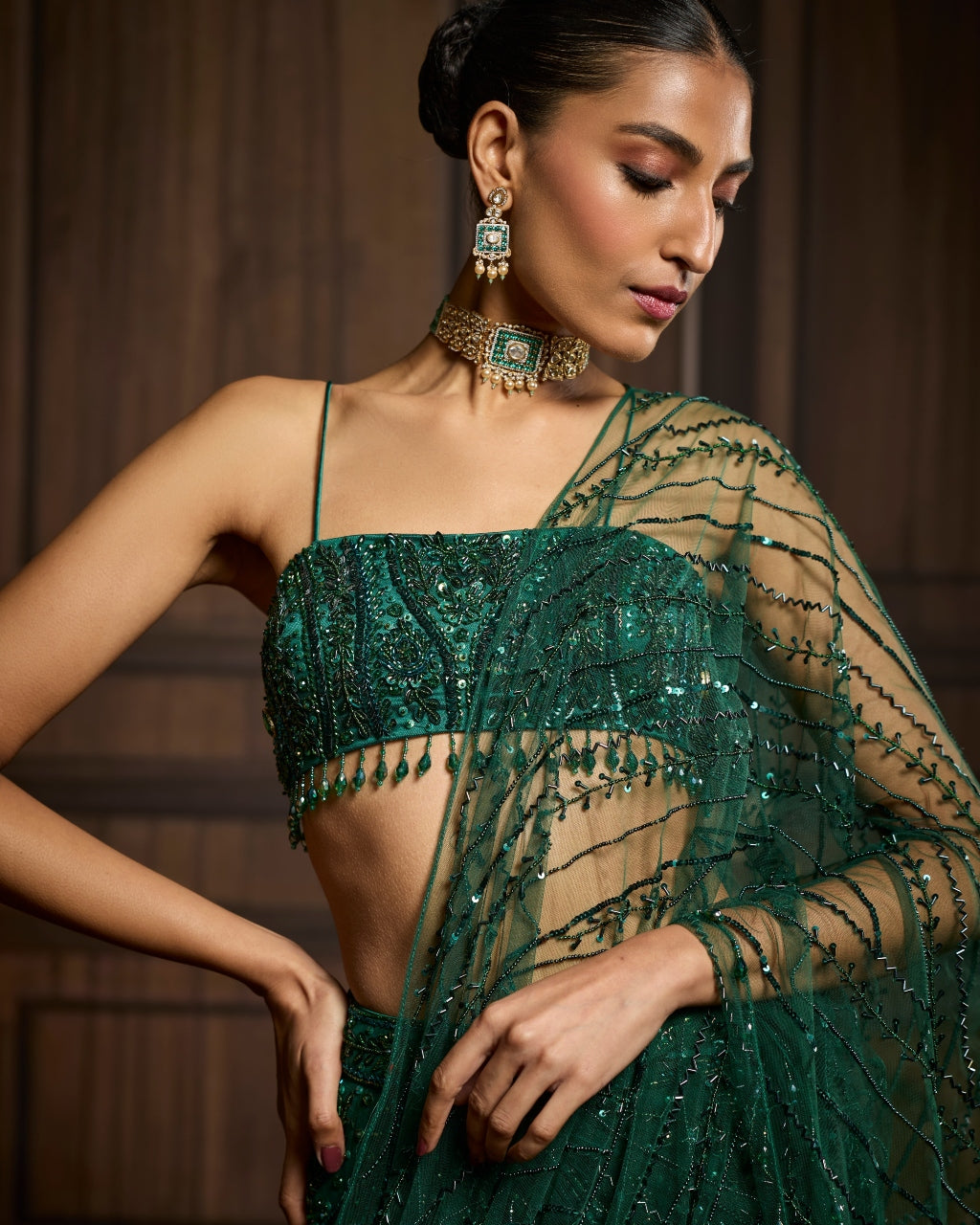 Kliene Emerald Green Embellished Blouse And Pre-Draped Sari Set