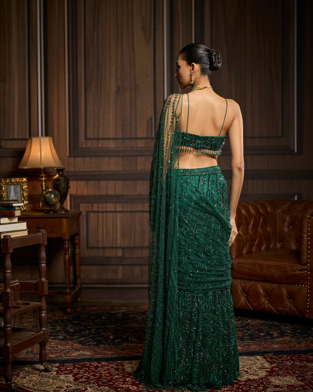 Kliene Emerald Green Embellished Blouse And Pre-Draped Sari Set