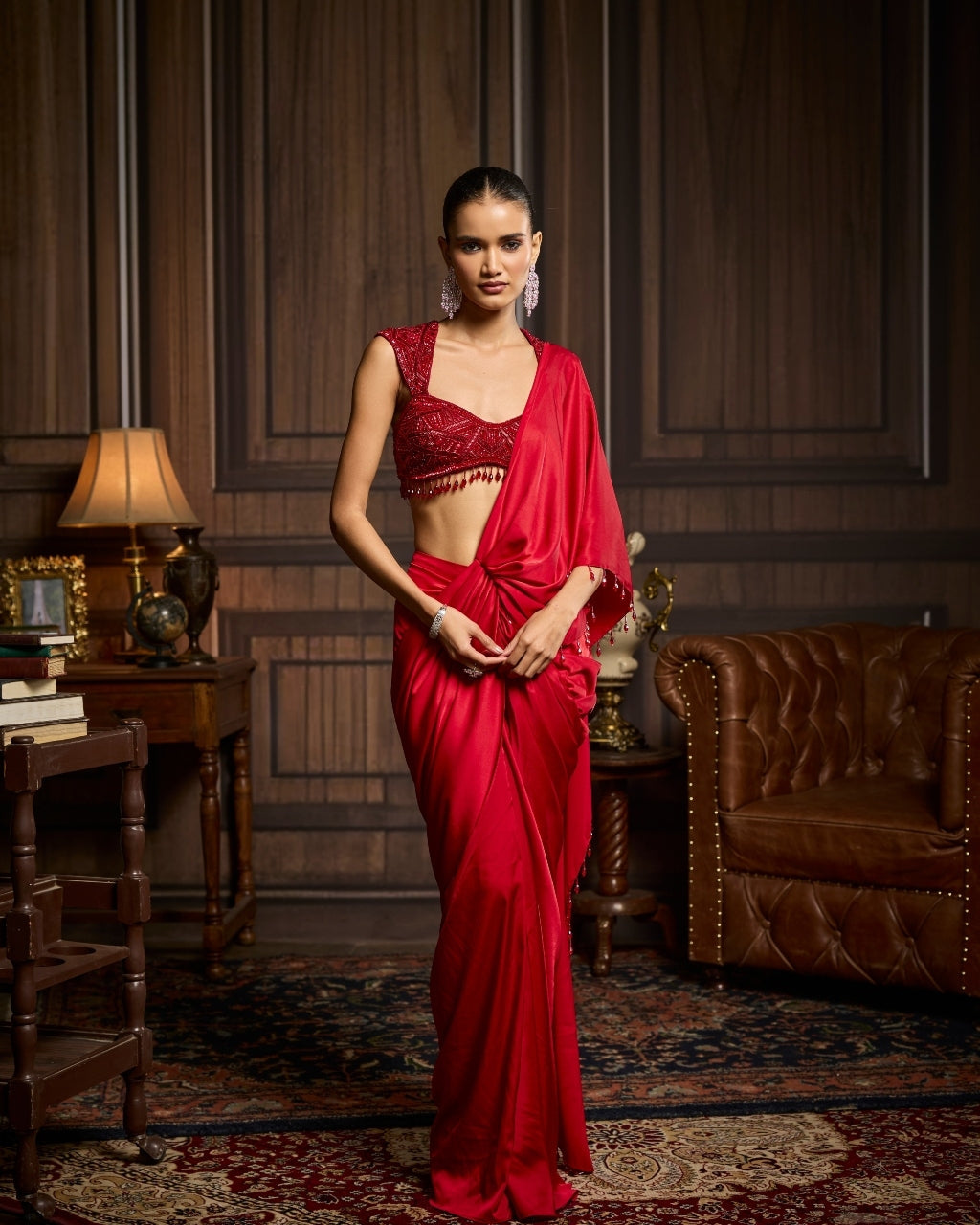 Prisha Red Embellished Blouse And Pre-Draped Dhoti Sari Set