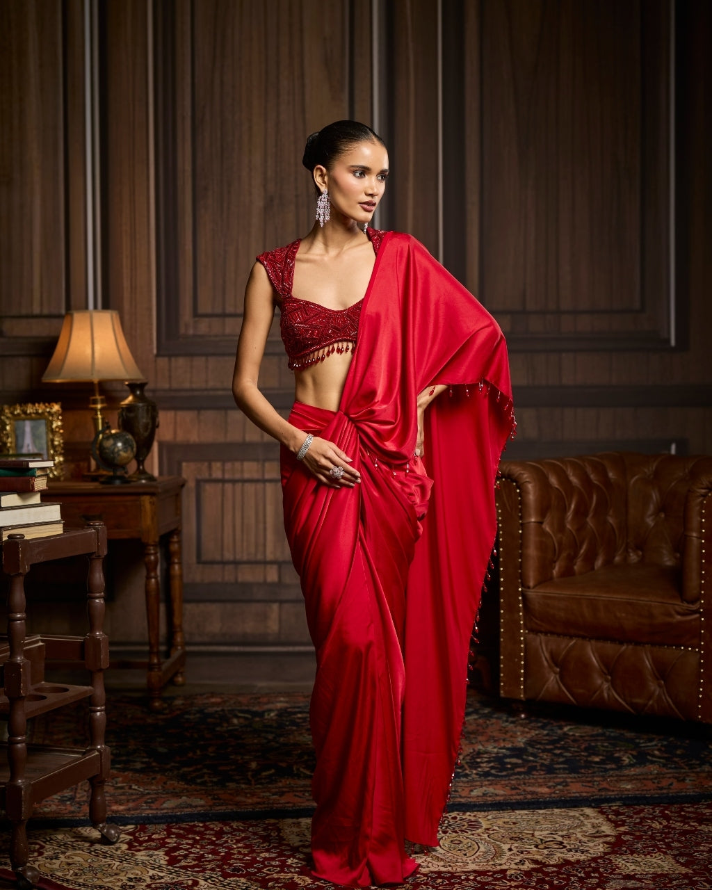 Prisha Red Embellished Blouse And Pre-Draped Dhoti Sari Set