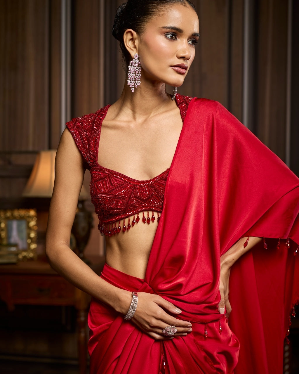 Prisha Red Embellished Blouse And Pre-Draped Dhoti Sari Set