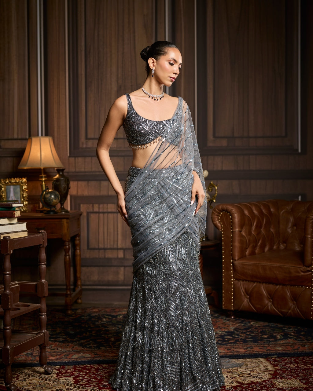 Greta Gunmetal Embellished Pre-Draped Skirt Sari Set