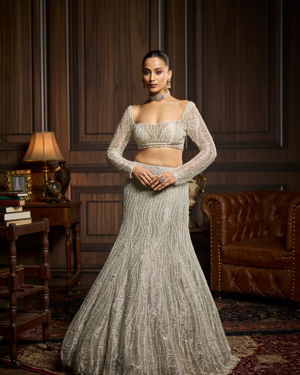 Viola Silver Fully Embellished Mermaid Skirt Set