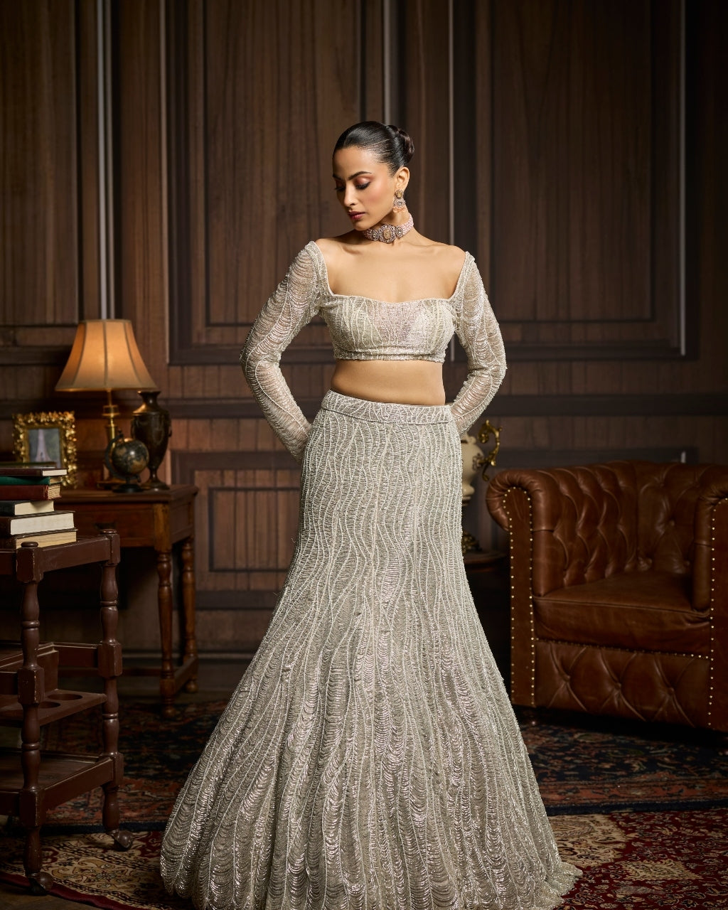 Viola Silver Fully Embellished Mermaid Skirt Set