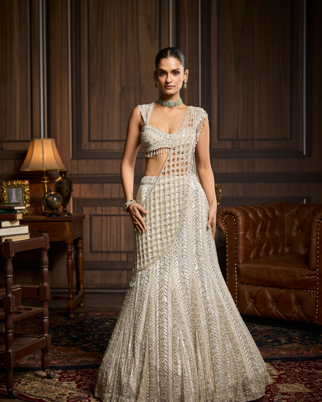 Mishka Silver Embellished Mermaid Skirt Sari Set