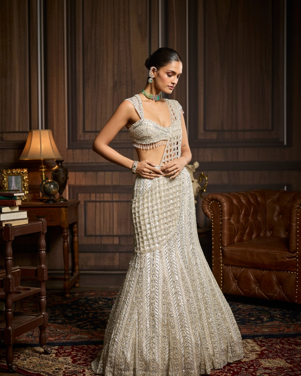 Mishka Silver Embellished Mermaid Skirt Sari Set