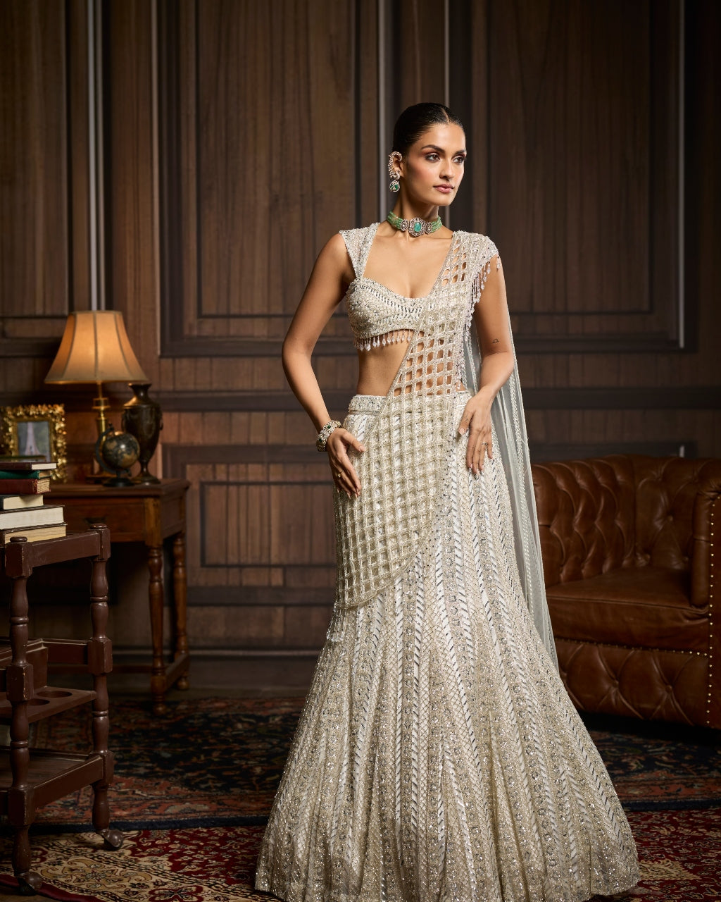 Mishka Silver Embellished Mermaid Skirt Sari Set