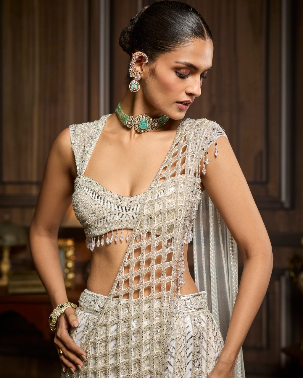 Mishka Silver Embellished Mermaid Skirt Sari Set