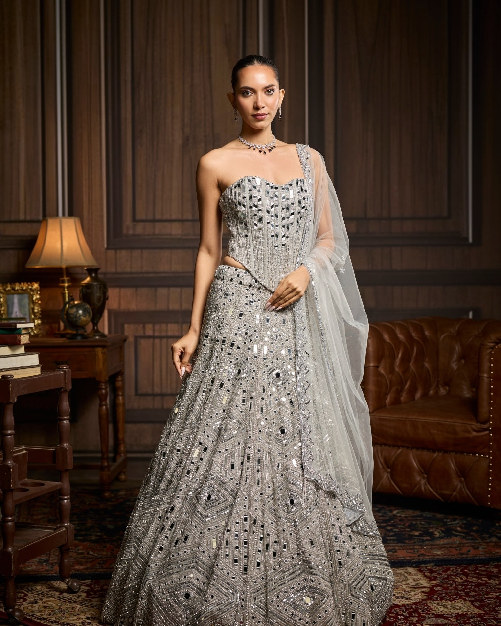 Presla Silver Embellished Mirrorwork Lehenga Set
