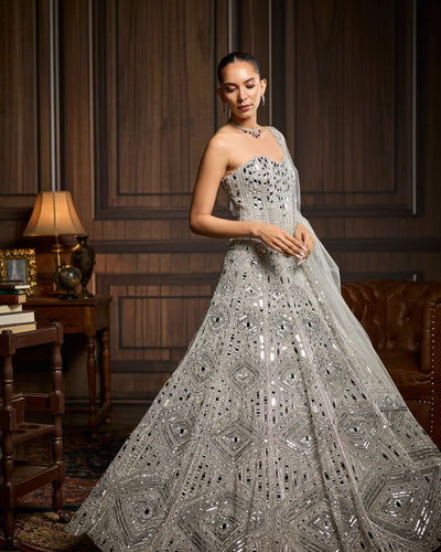 Presla Silver Embellished Mirrorwork Lehenga Set