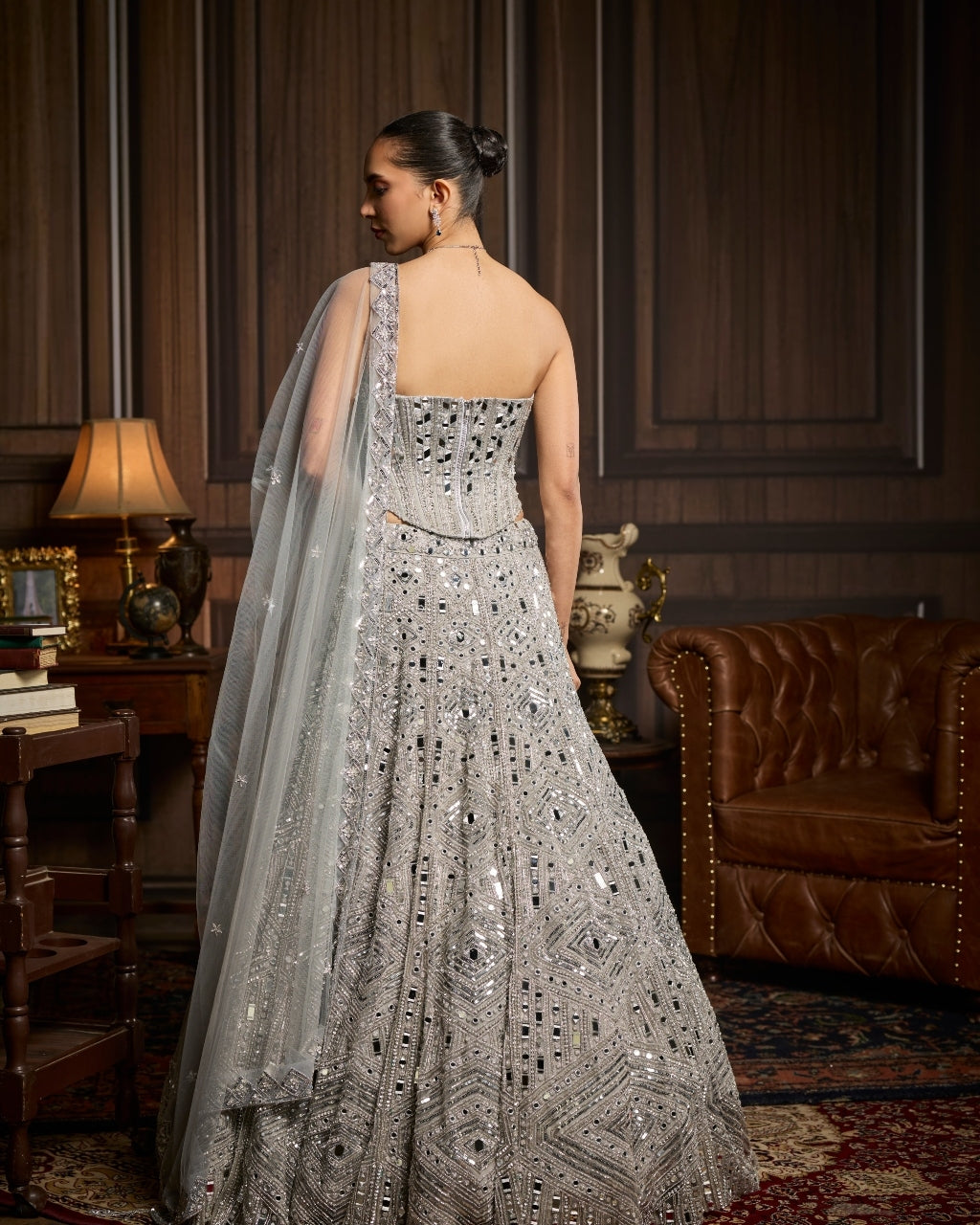 Presla Silver Embellished Mirrorwork Lehenga Set