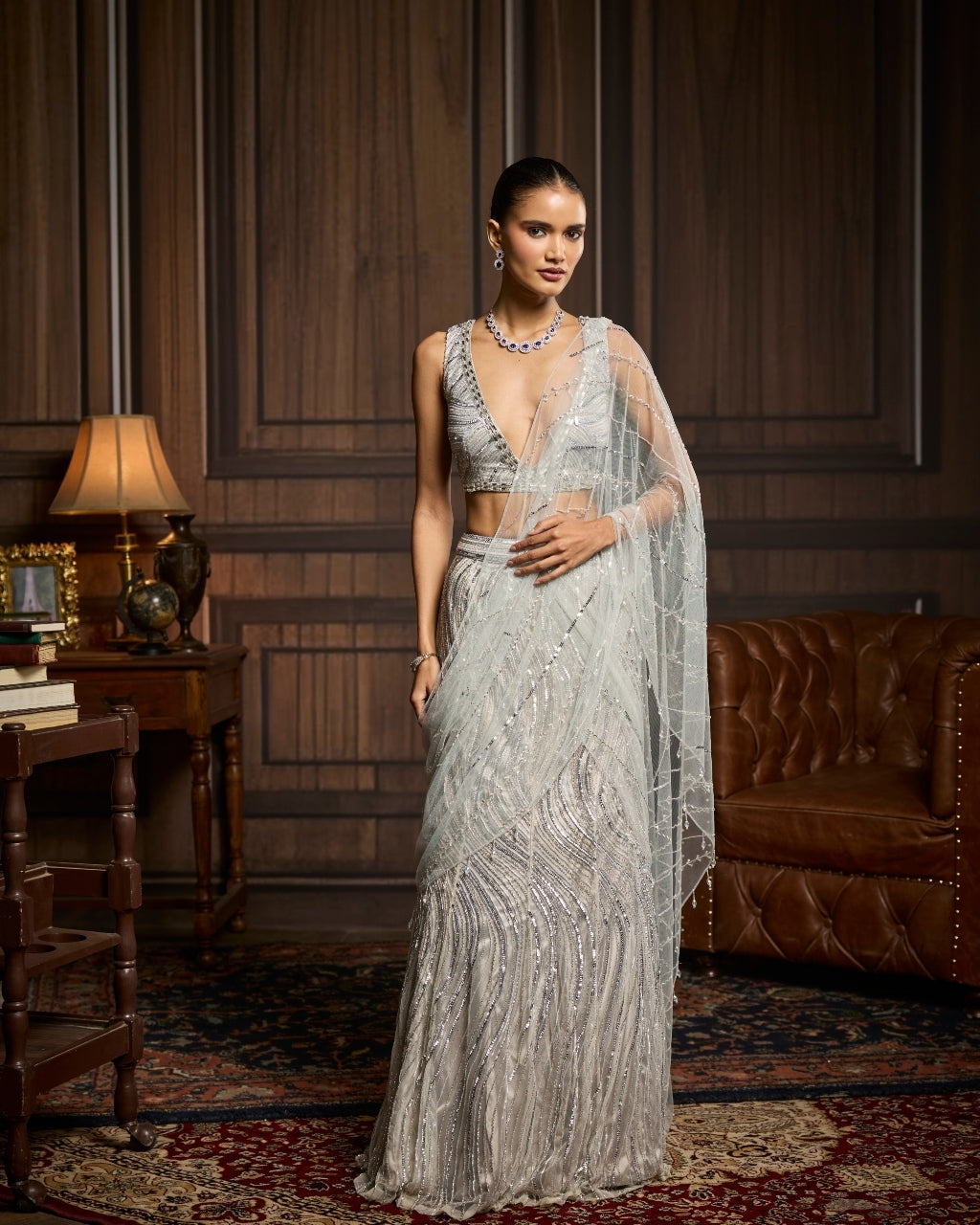 Ambree Silver Embellished Pre-Draped Skirt Sari Set