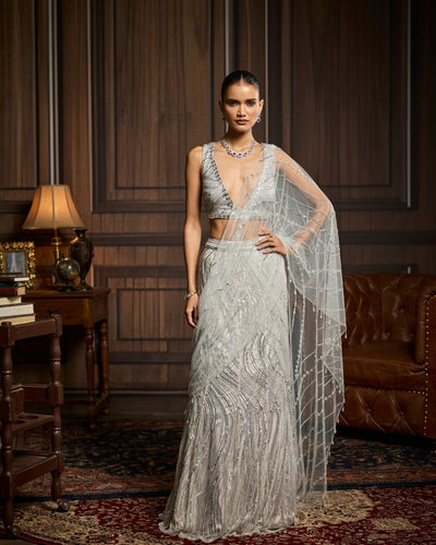 Ambree Silver Embellished Pre-Draped Skirt Sari Set