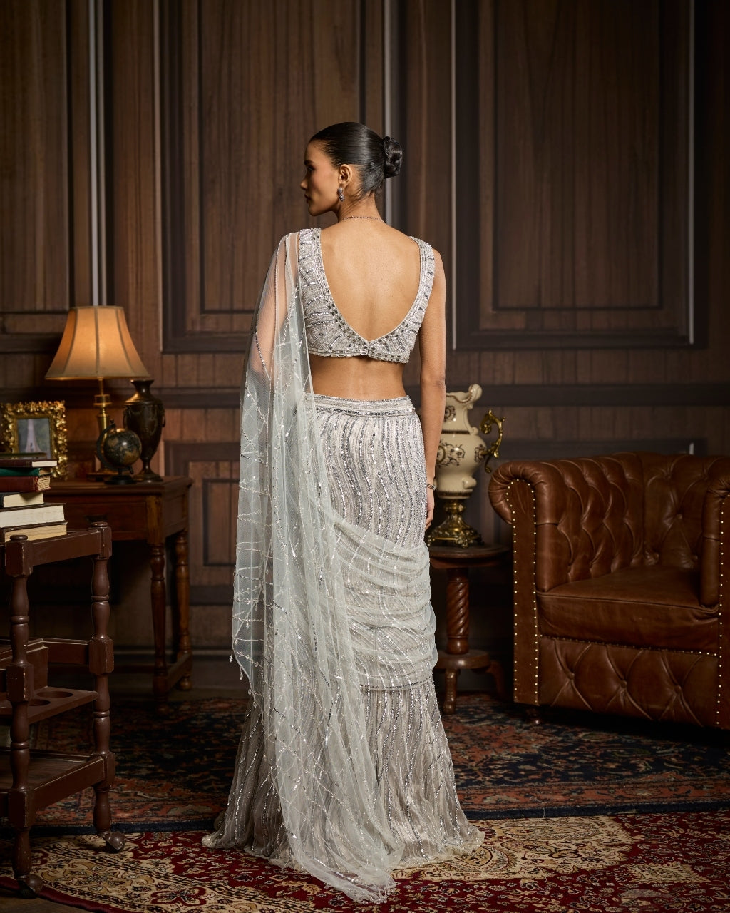 Ambree Silver Embellished Pre-Draped Skirt Sari Set