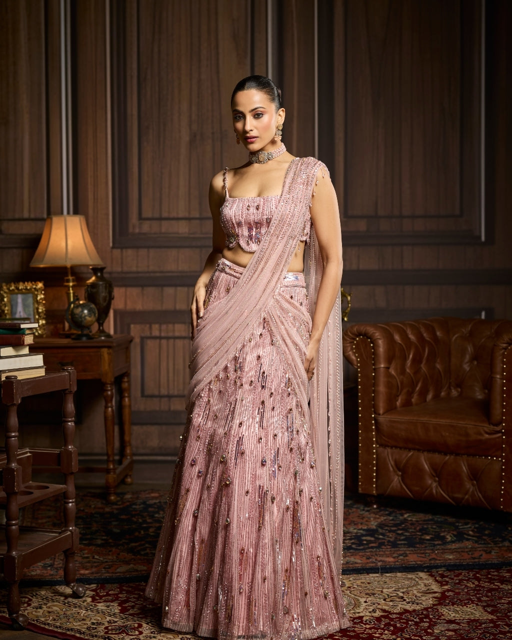 Olive Blush Pink Embellished Pre-Draped Skirt Sari Set