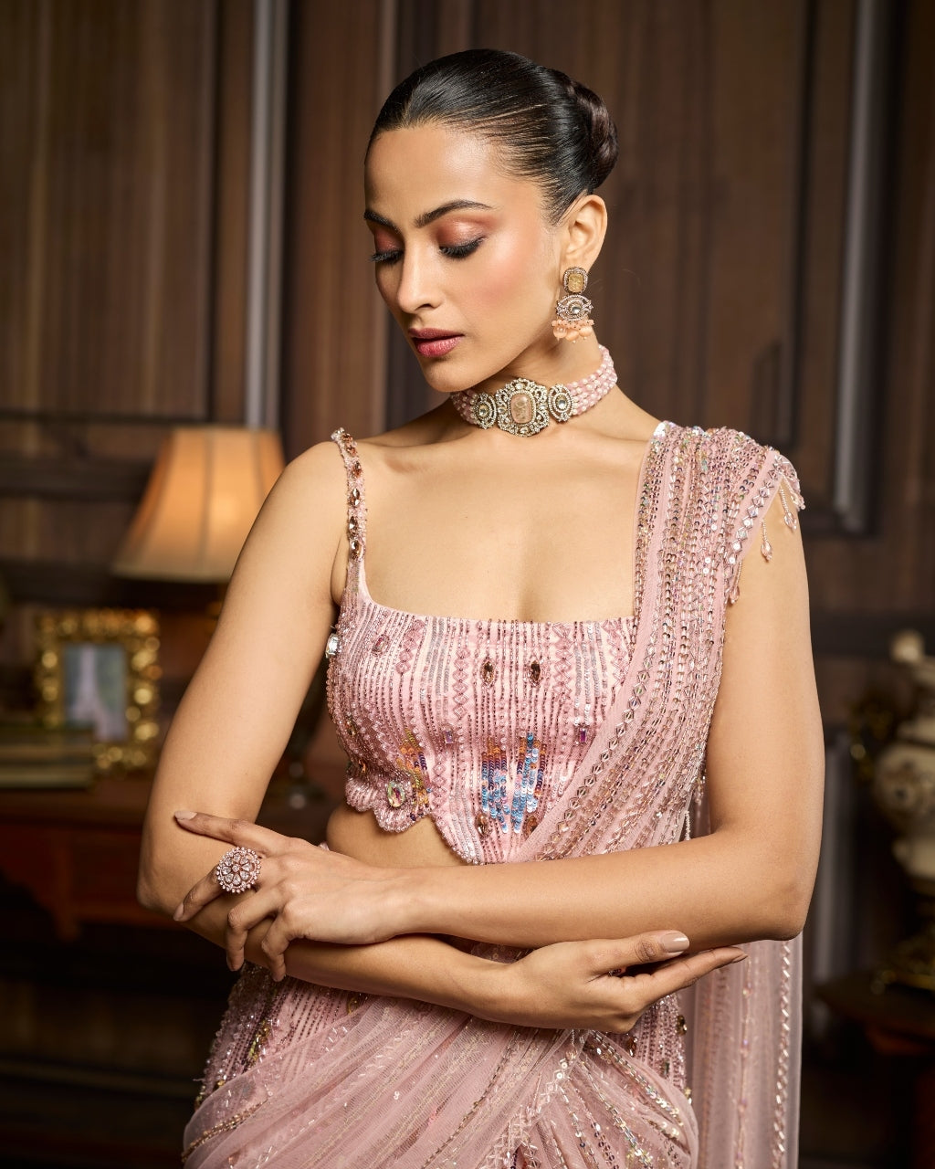 Olive Blush Pink Embellished Pre-Draped Skirt Sari Set