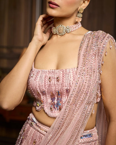 Olive Blush Pink Embellished Pre-Draped Skirt Sari Set