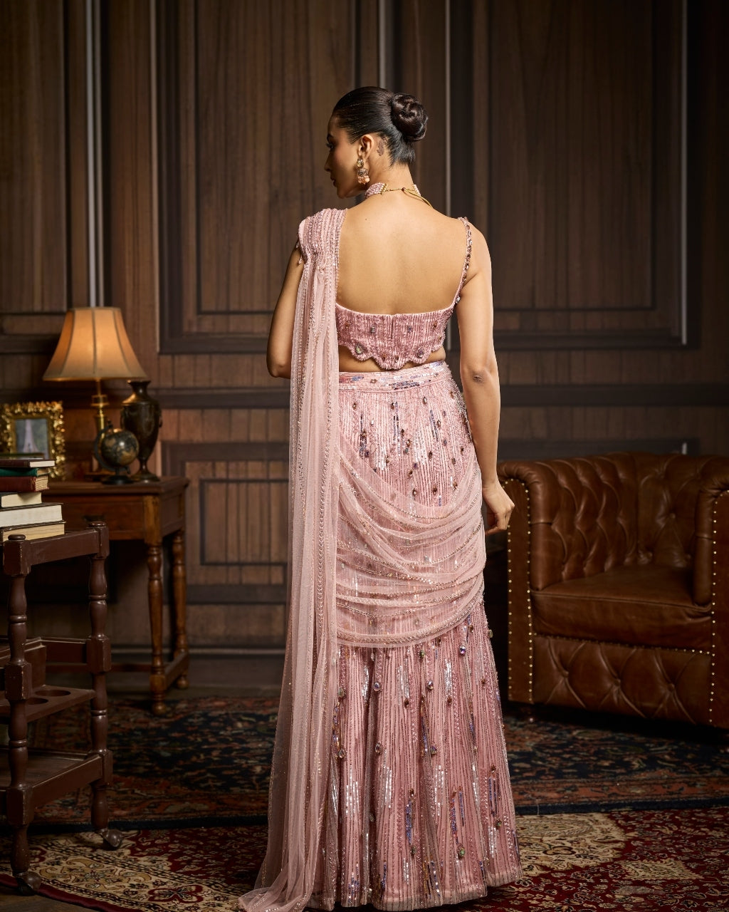 Olive Blush Pink Embellished Pre-Draped Skirt Sari Set
