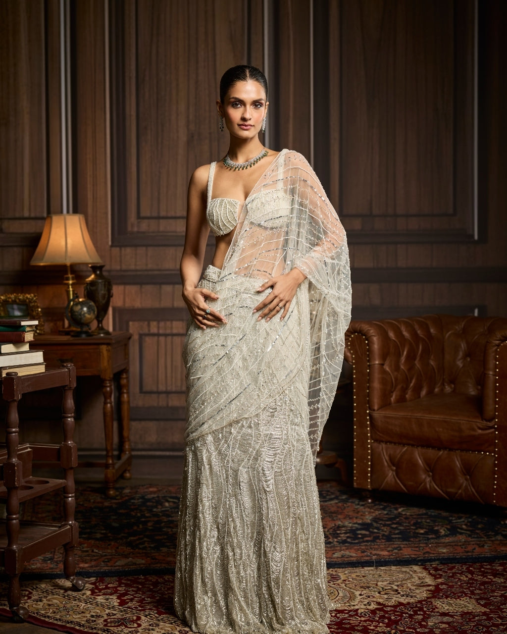 Reha Silver Fully Embellished Pre-Draped Skirt Sari Set
