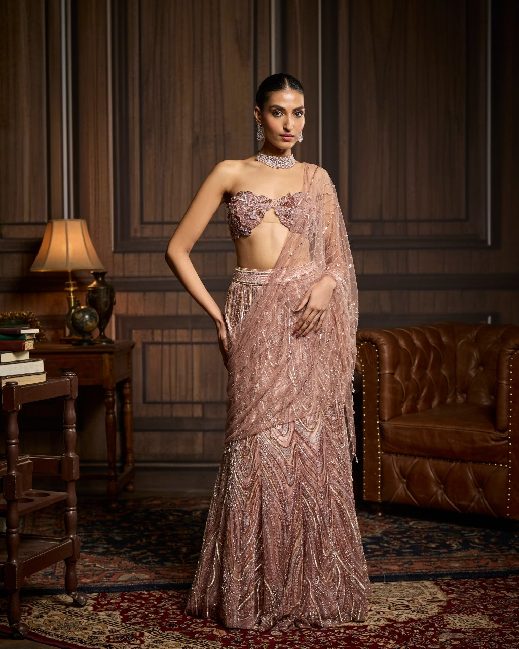 Rose Blush Pink Embellished Pre-Draped Skirt Sari Set