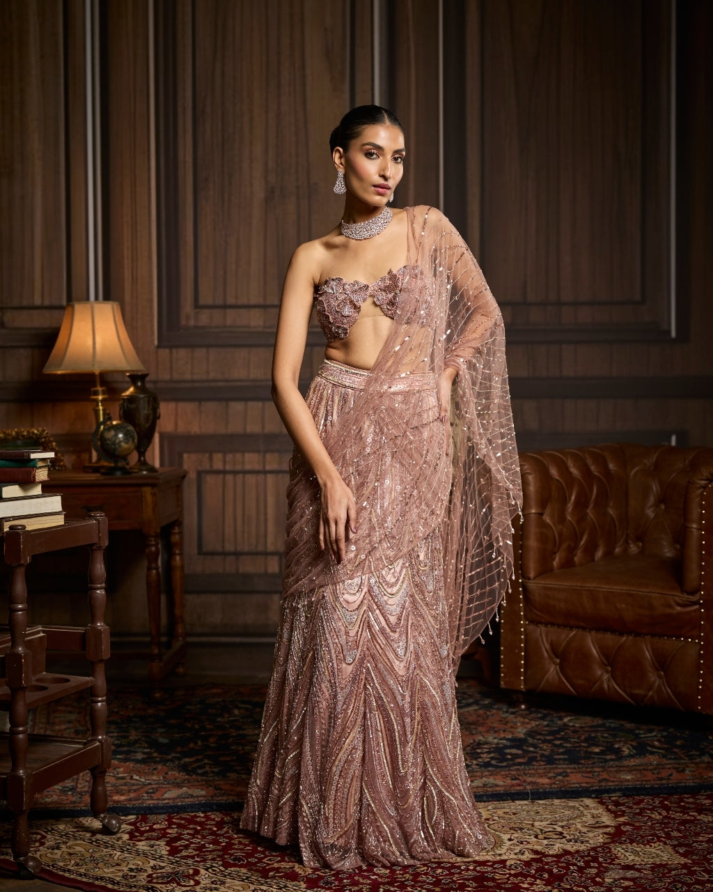 Rose Blush Pink Embellished Pre-Draped Skirt Sari Set