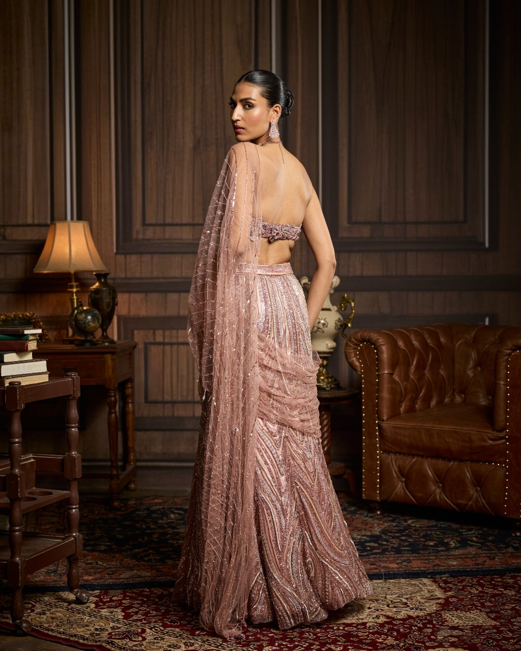 Rose Blush Pink Embellished Pre-Draped Skirt Sari Set