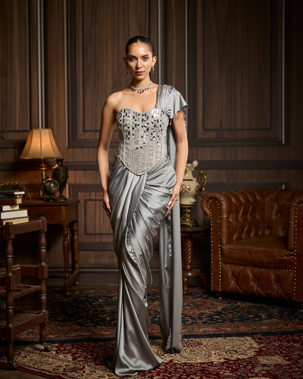 Fiona Silver Embellished Blouse And Pre Draped Sari Set