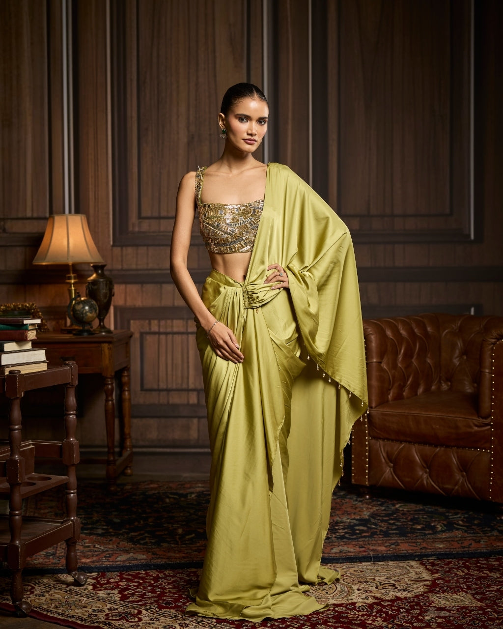 Vaidehi Pear Green Embroidered Blouse And Pre Draped Sari Set