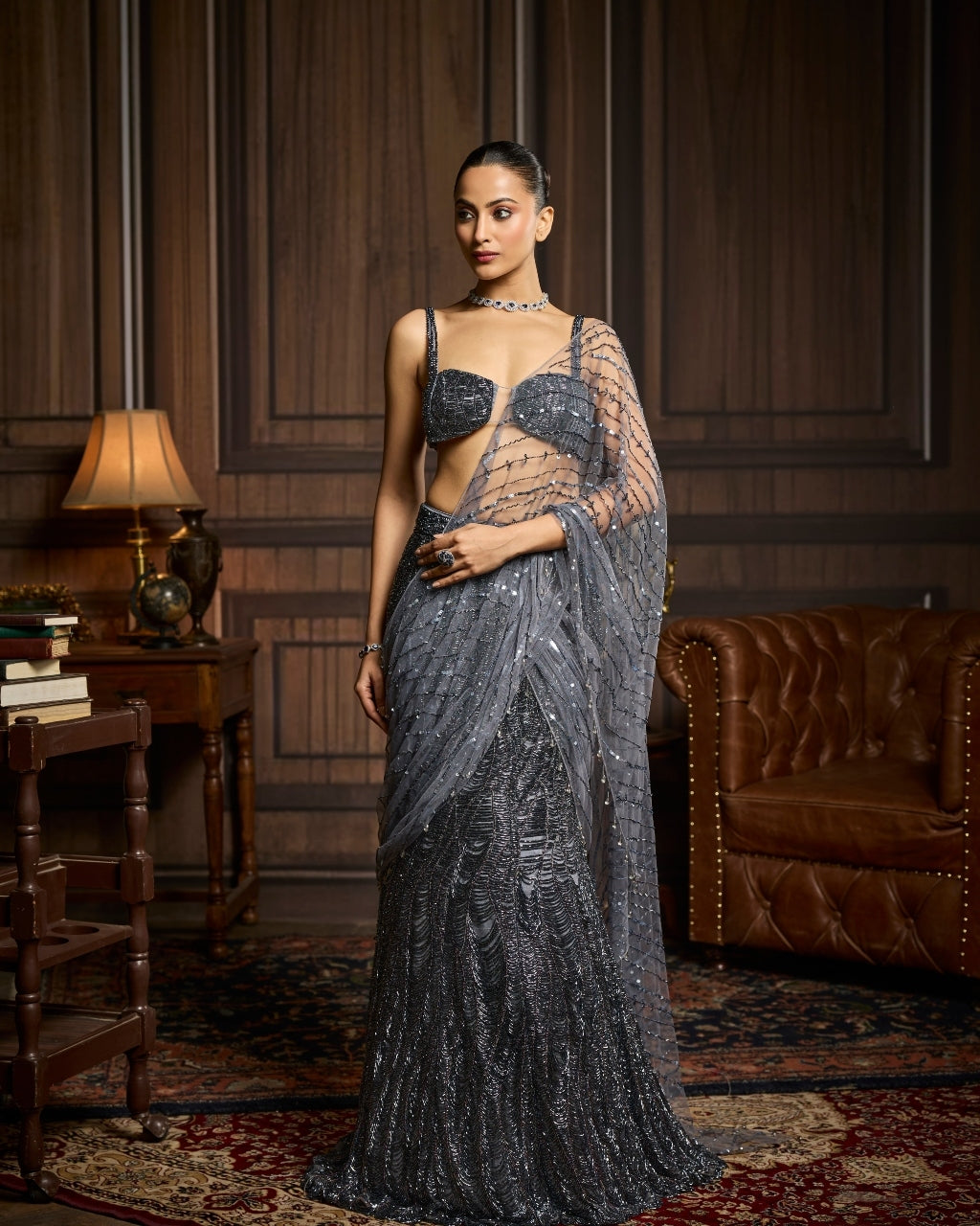 Judith Gunmetal Embellished Pre-Draped Skirt Sari Set