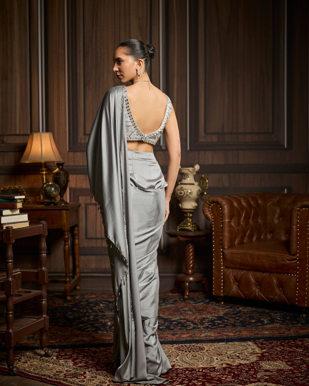 Fresia Silver Embellished Blouse And Pre-Draped Sari Set